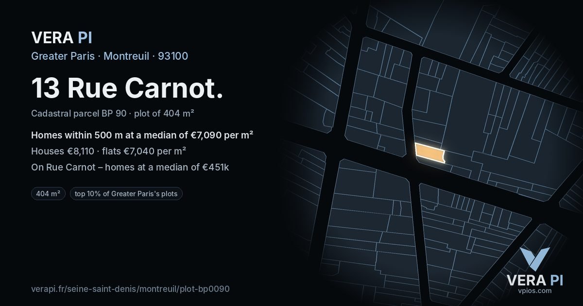 13 Rue Carnot, Montreuil at night – the plot lit, the parcels around coloured by the prices near them