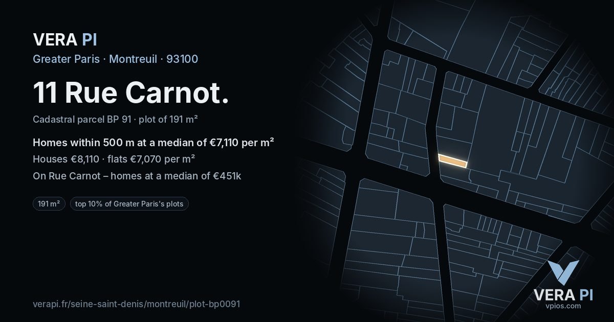 11 Rue Carnot, Montreuil at night – the plot lit, the parcels around coloured by the prices near them