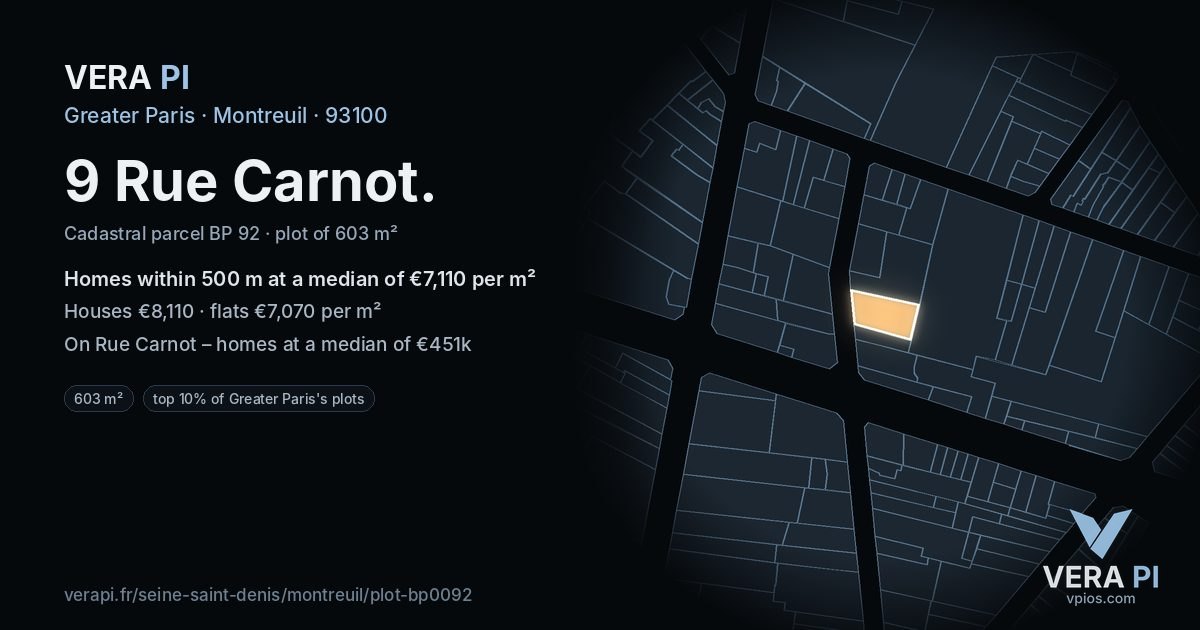 9 Rue Carnot, Montreuil at night – the plot lit, the parcels around coloured by the prices near them