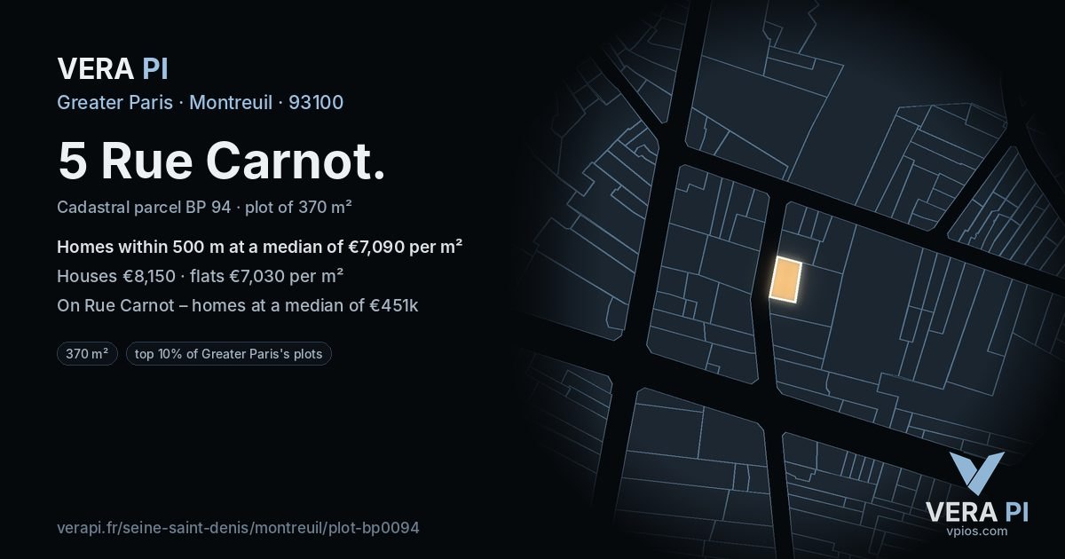 5 Rue Carnot, Montreuil at night – the plot lit, the parcels around coloured by the prices near them