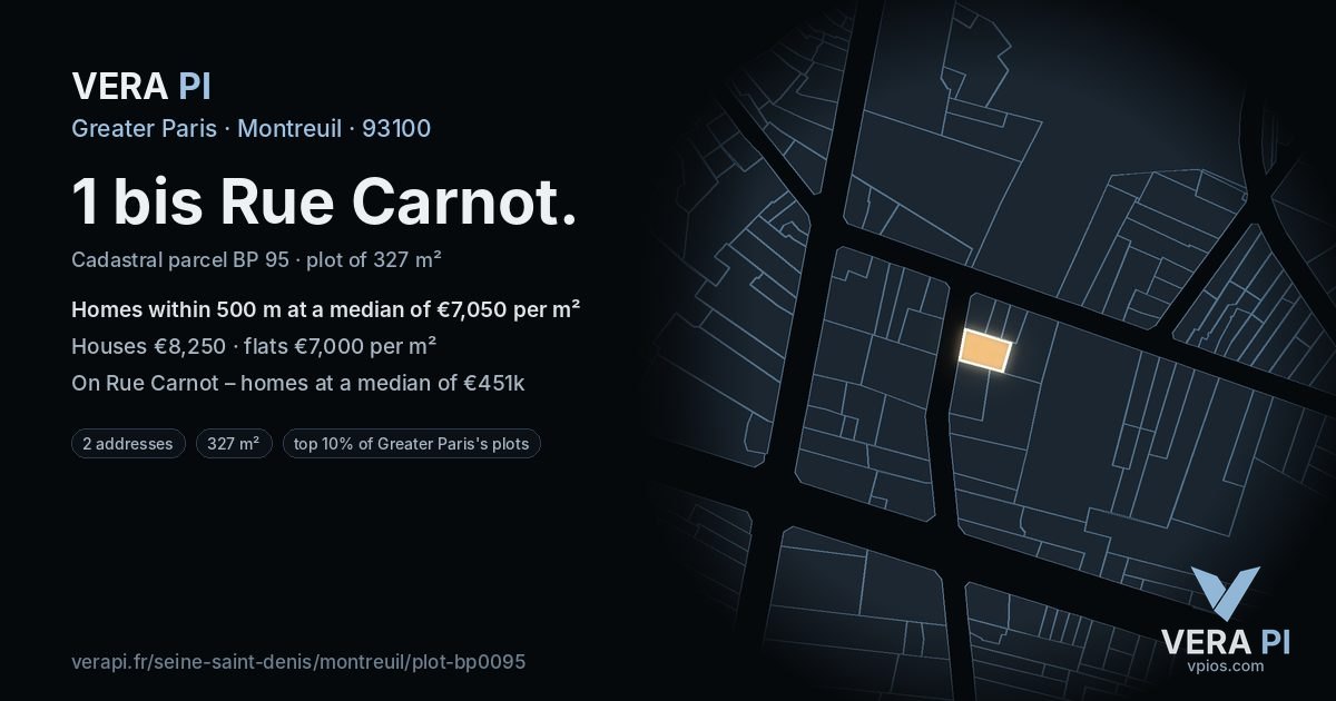 1 bis Rue Carnot, Montreuil at night – the plot lit, the parcels around coloured by the prices near them