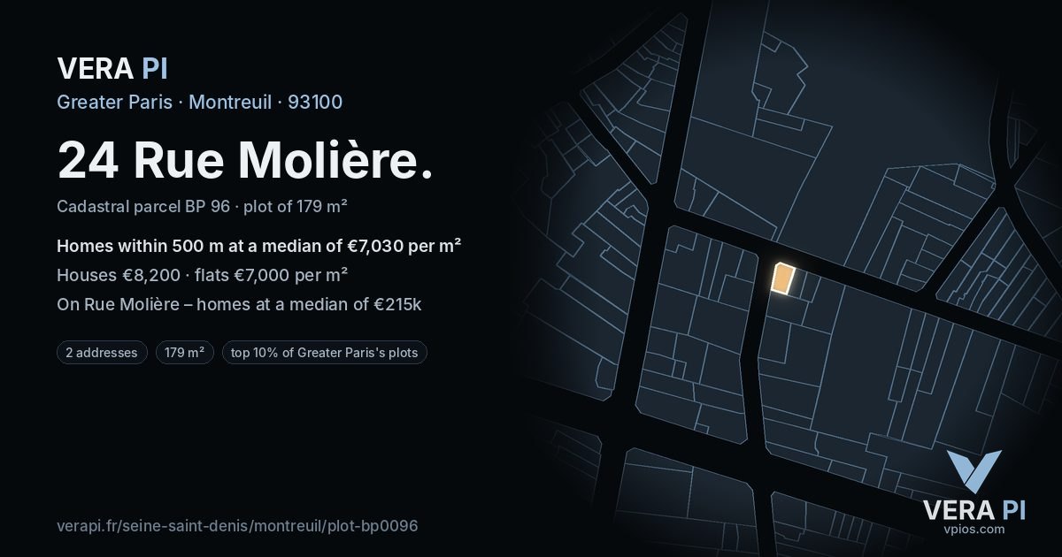 24 Rue Molière, Montreuil at night – the plot lit, the parcels around coloured by the prices near them