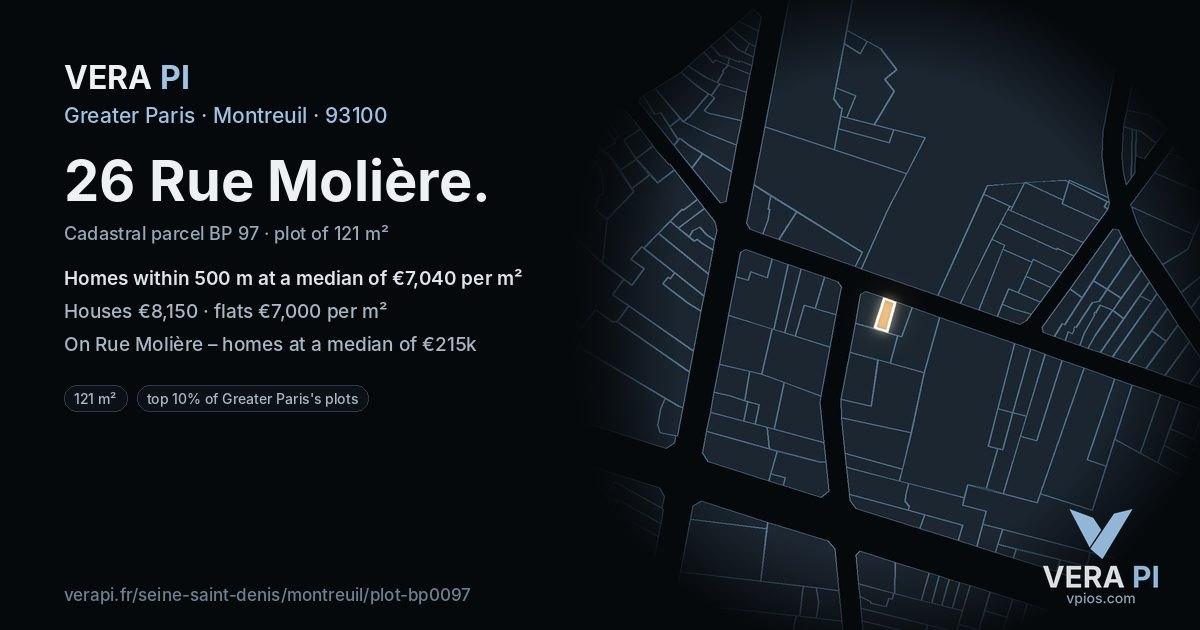 26 Rue Molière, Montreuil at night – the plot lit, the parcels around coloured by the prices near them