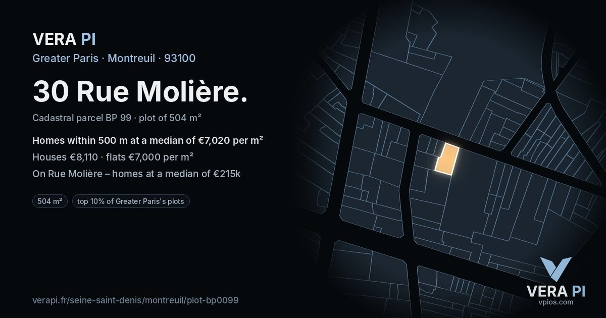 30 Rue Molière, Montreuil at night – the plot lit, the parcels around coloured by the prices near them