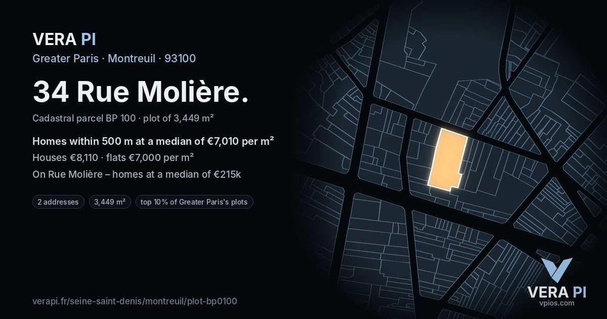34 Rue Molière, Montreuil at night – the plot lit, the parcels around coloured by the prices near them