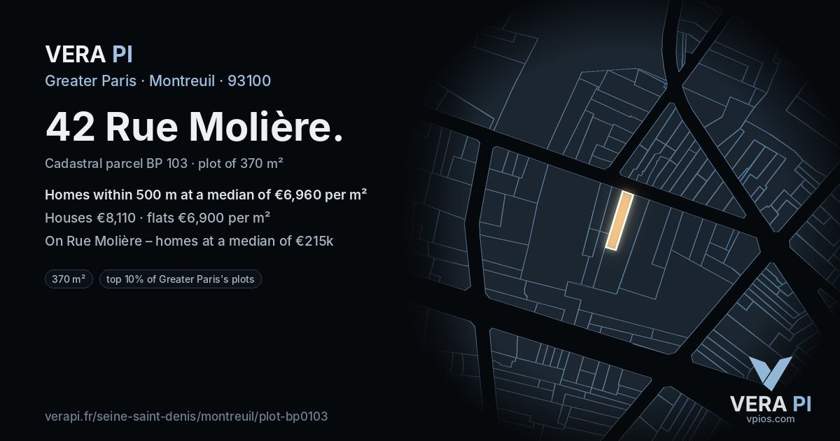 42 Rue Molière, Montreuil at night – the plot lit, the parcels around coloured by the prices near them