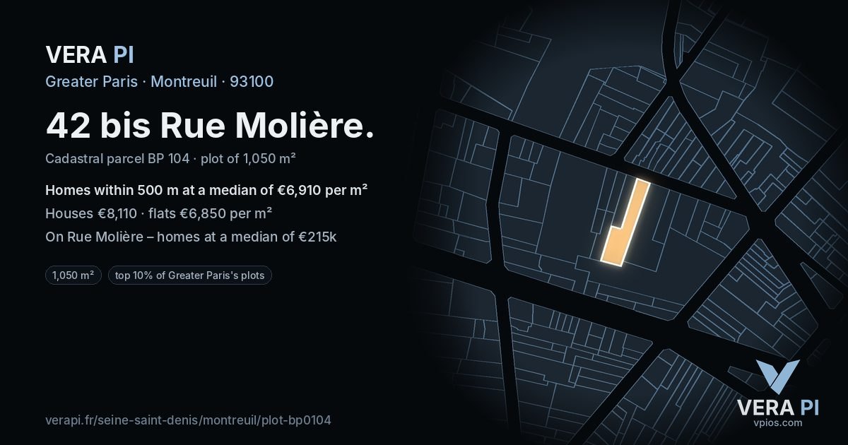 42 bis Rue Molière, Montreuil at night – the plot lit, the parcels around coloured by the prices near them