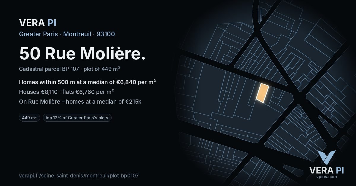 50 Rue Molière, Montreuil at night – the plot lit, the parcels around coloured by the prices near them