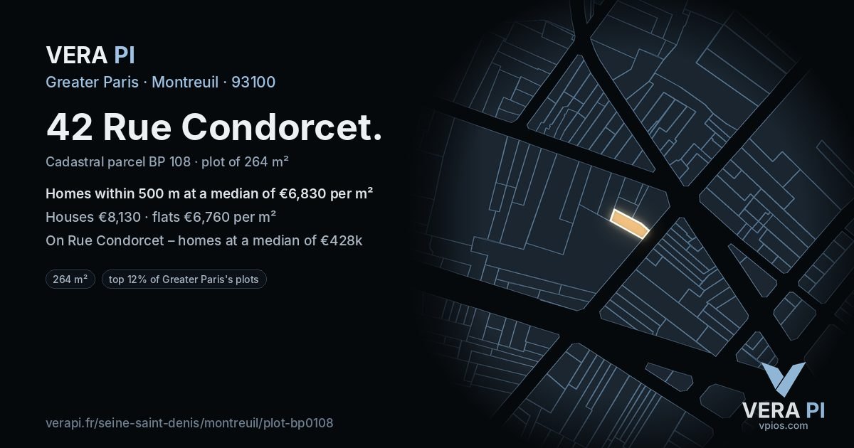 42 Rue Condorcet, Montreuil at night – the plot lit, the parcels around coloured by the prices near them