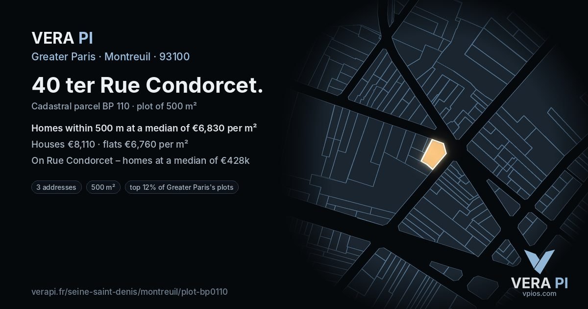 40 ter Rue Condorcet, Montreuil at night – the plot lit, the parcels around coloured by the prices near them