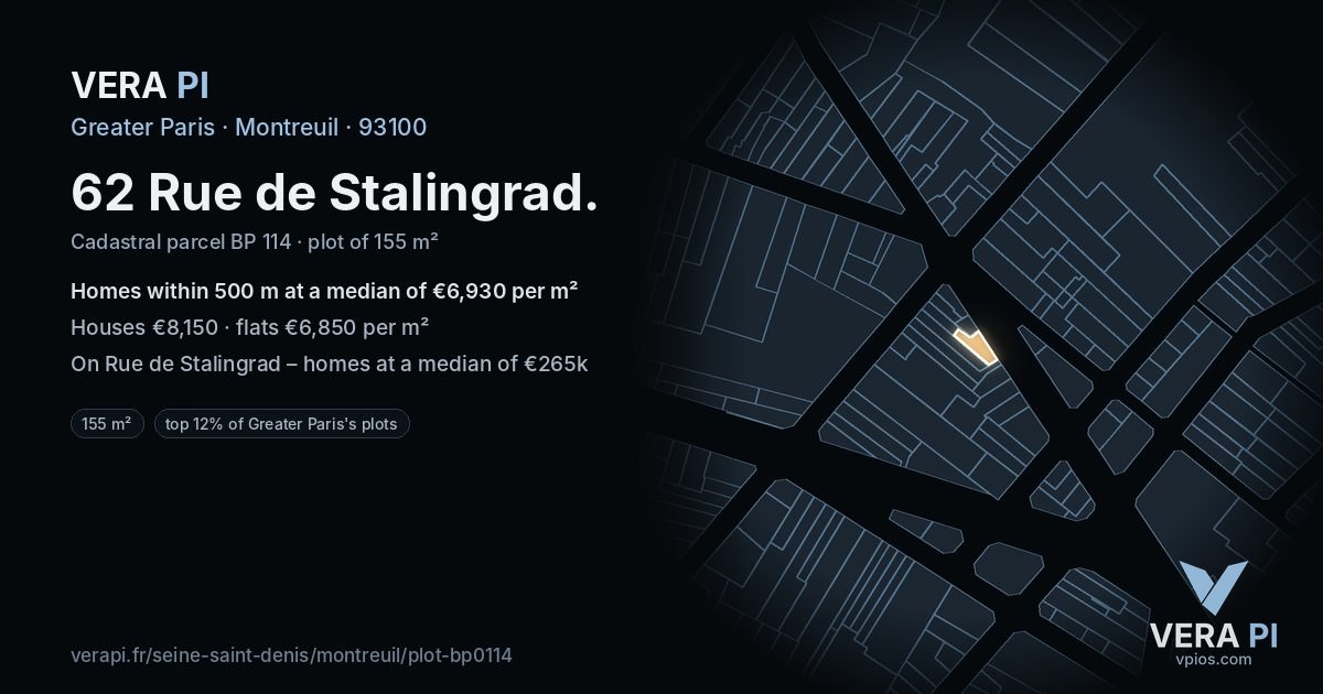 62 Rue de Stalingrad, Montreuil at night – the plot lit, the parcels around coloured by the prices near them