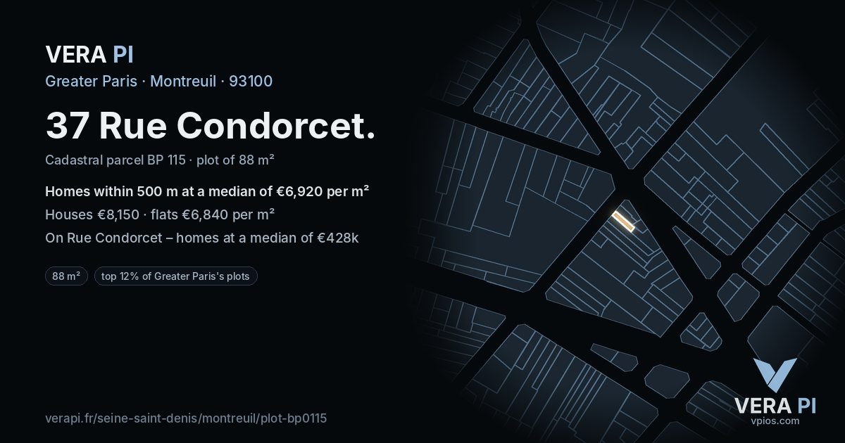 37 Rue Condorcet, Montreuil at night – the plot lit, the parcels around coloured by the prices near them
