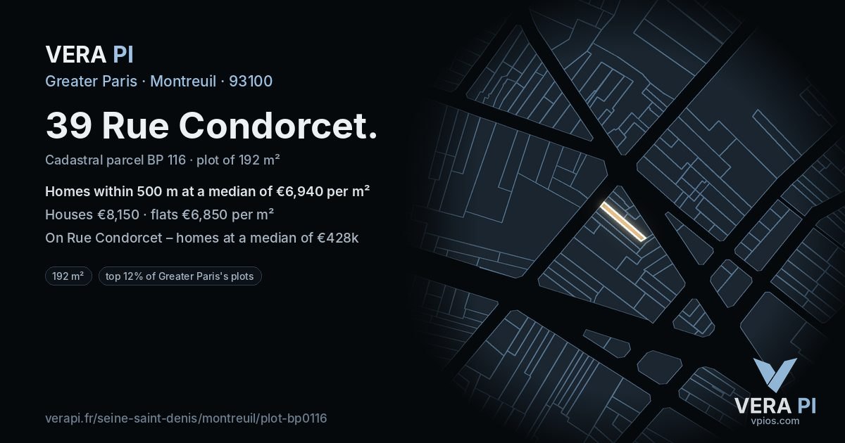 39 Rue Condorcet, Montreuil at night – the plot lit, the parcels around coloured by the prices near them