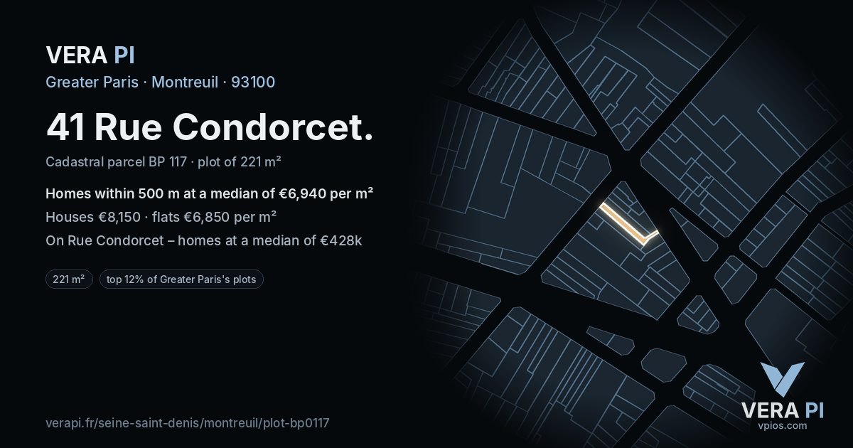 41 Rue Condorcet, Montreuil at night – the plot lit, the parcels around coloured by the prices near them