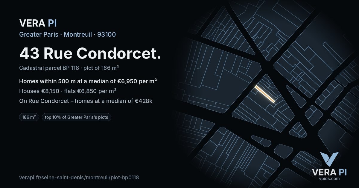 43 Rue Condorcet, Montreuil at night – the plot lit, the parcels around coloured by the prices near them