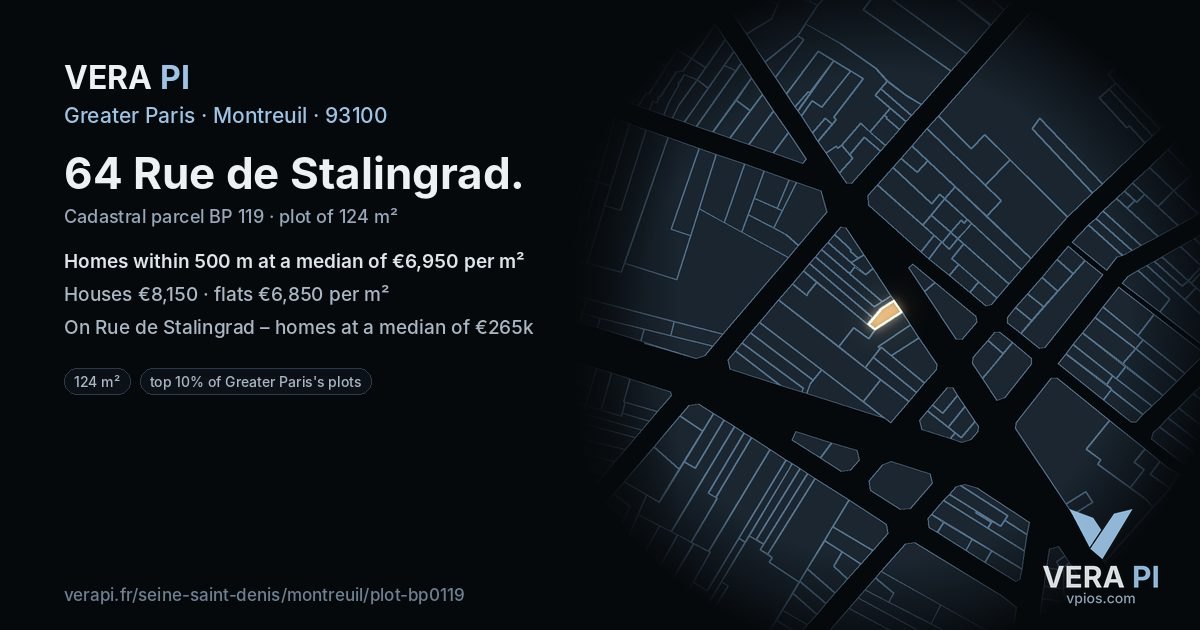 64 Rue de Stalingrad, Montreuil at night – the plot lit, the parcels around coloured by the prices near them