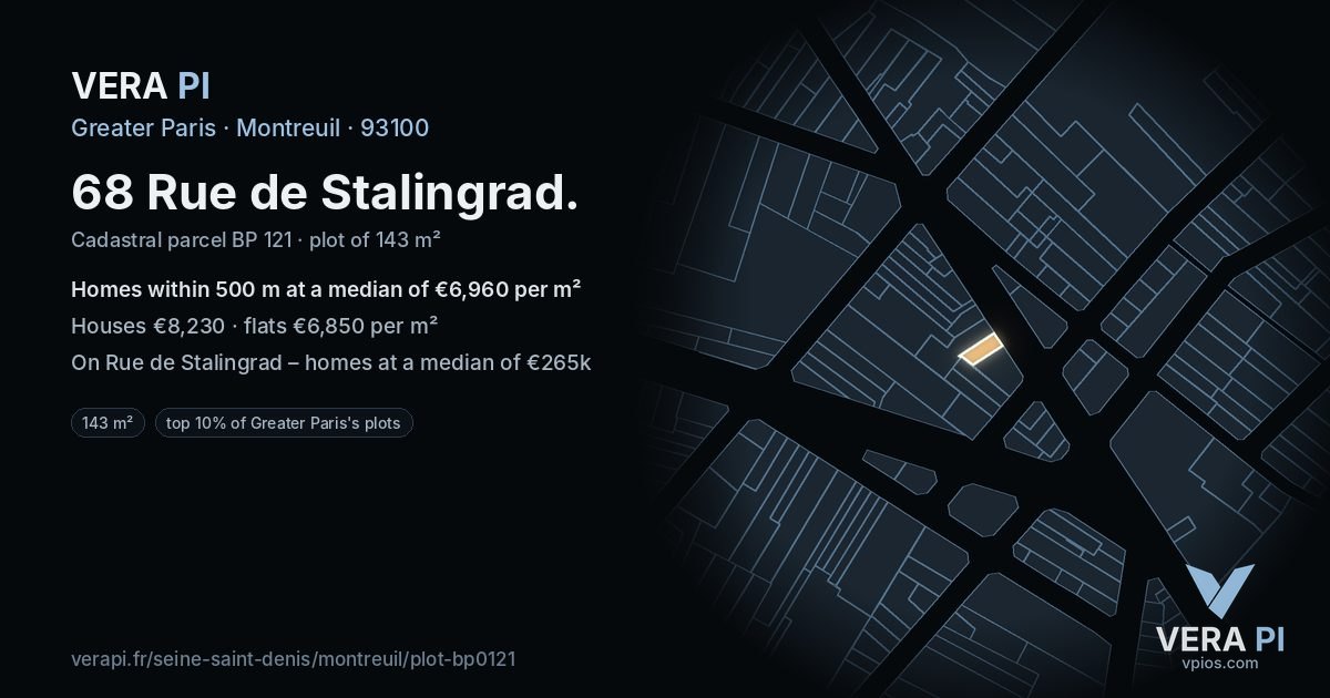 68 Rue de Stalingrad, Montreuil at night – the plot lit, the parcels around coloured by the prices near them
