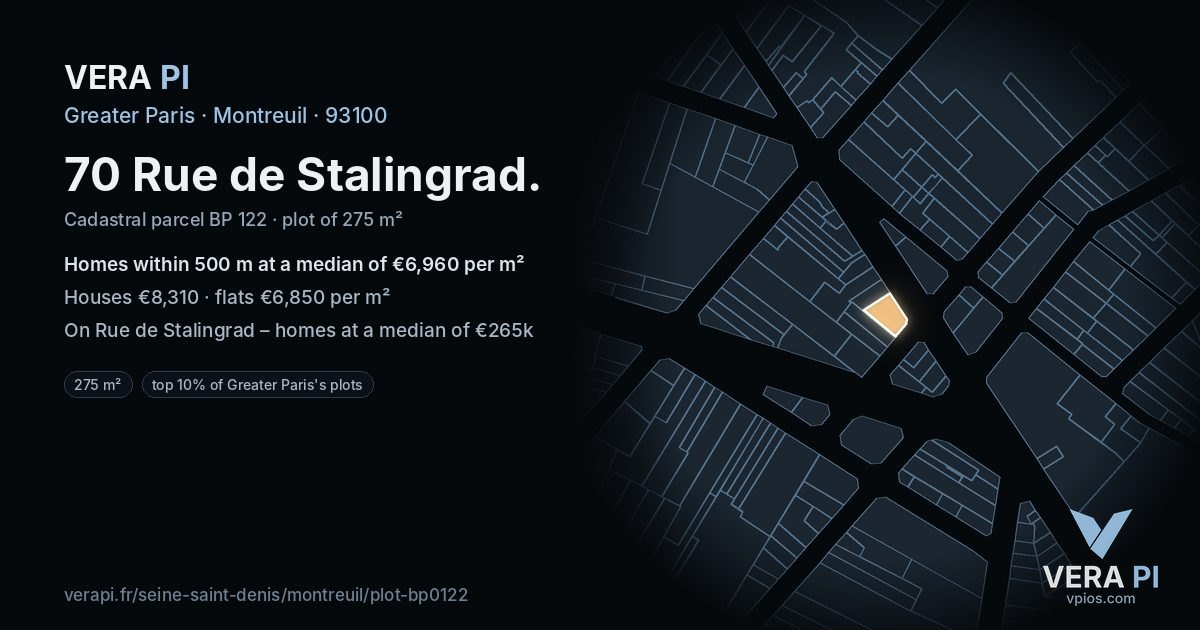 70 Rue de Stalingrad, Montreuil at night – the plot lit, the parcels around coloured by the prices near them