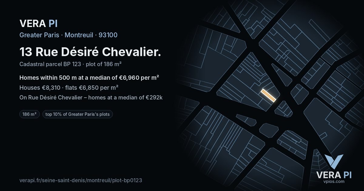 13 Rue Désiré Chevalier, Montreuil at night – the plot lit, the parcels around coloured by the prices near them