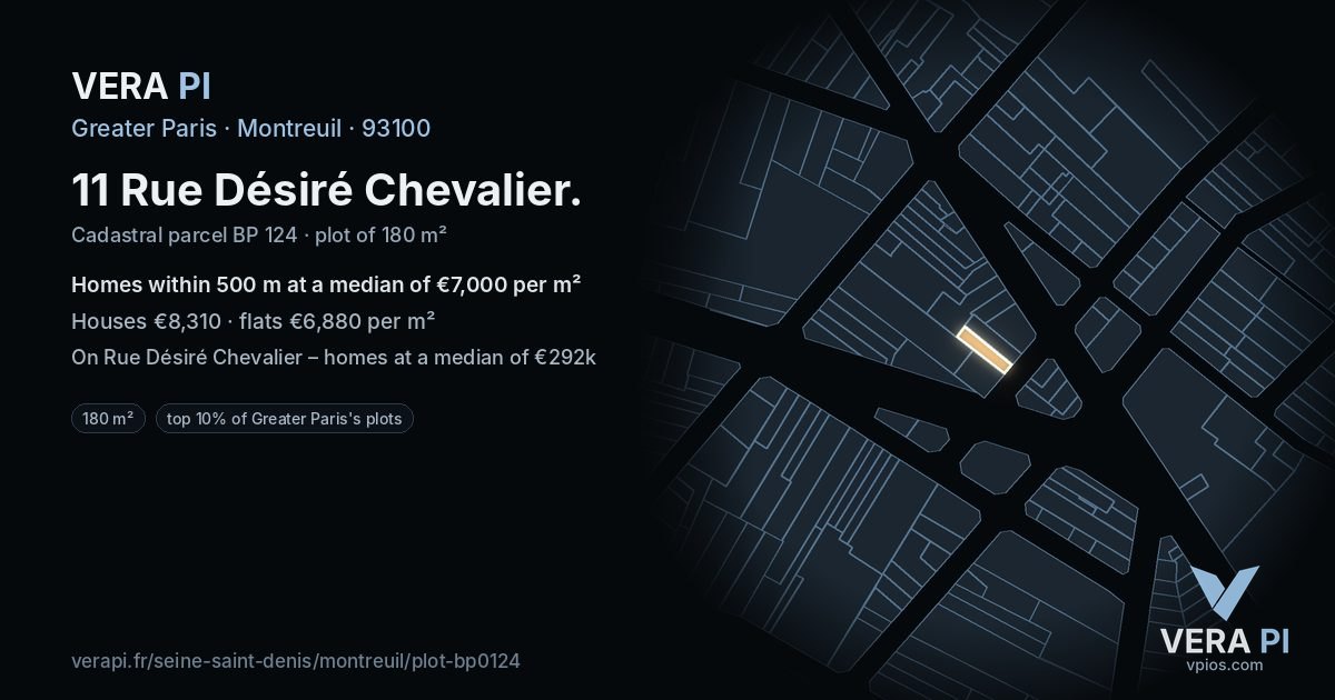 11 Rue Désiré Chevalier, Montreuil at night – the plot lit, the parcels around coloured by the prices near them