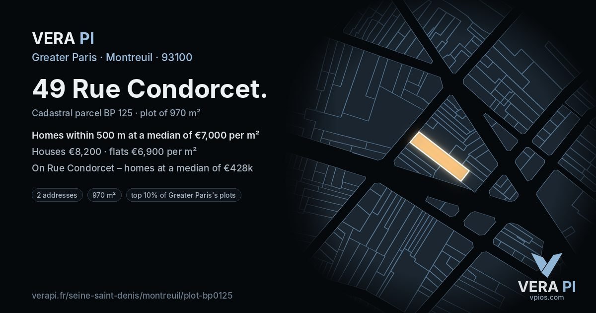 49 Rue Condorcet, Montreuil at night – the plot lit, the parcels around coloured by the prices near them