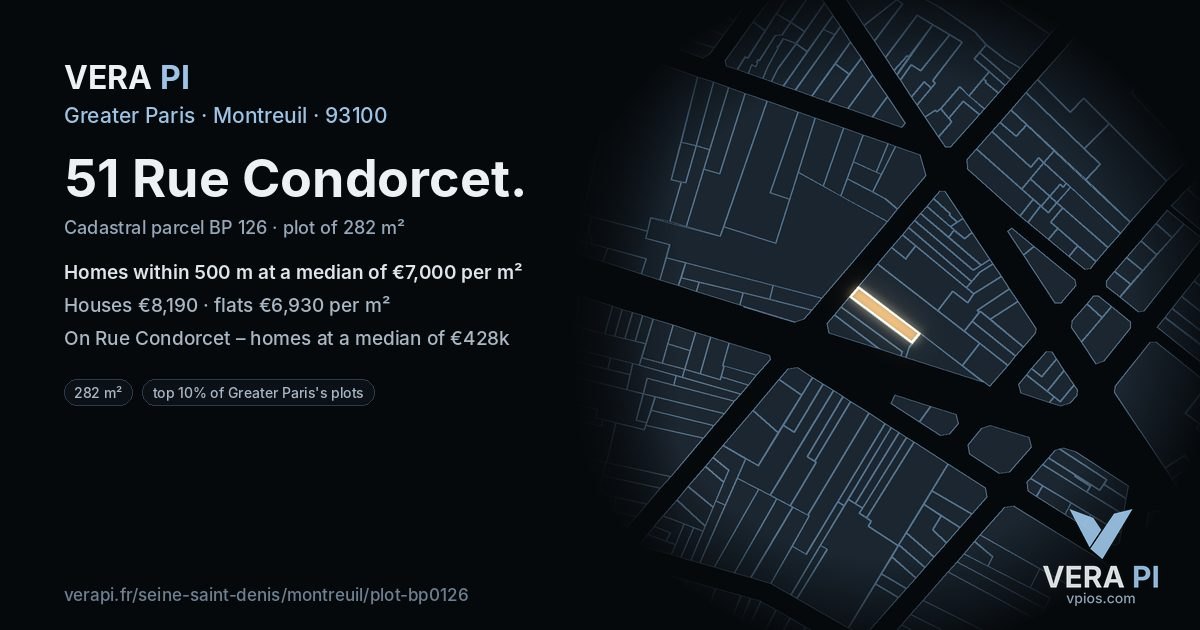 51 Rue Condorcet, Montreuil at night – the plot lit, the parcels around coloured by the prices near them