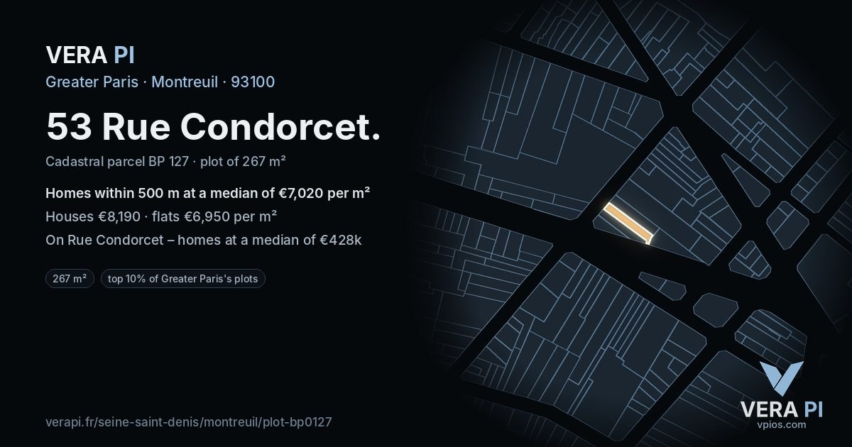 53 Rue Condorcet, Montreuil at night – the plot lit, the parcels around coloured by the prices near them