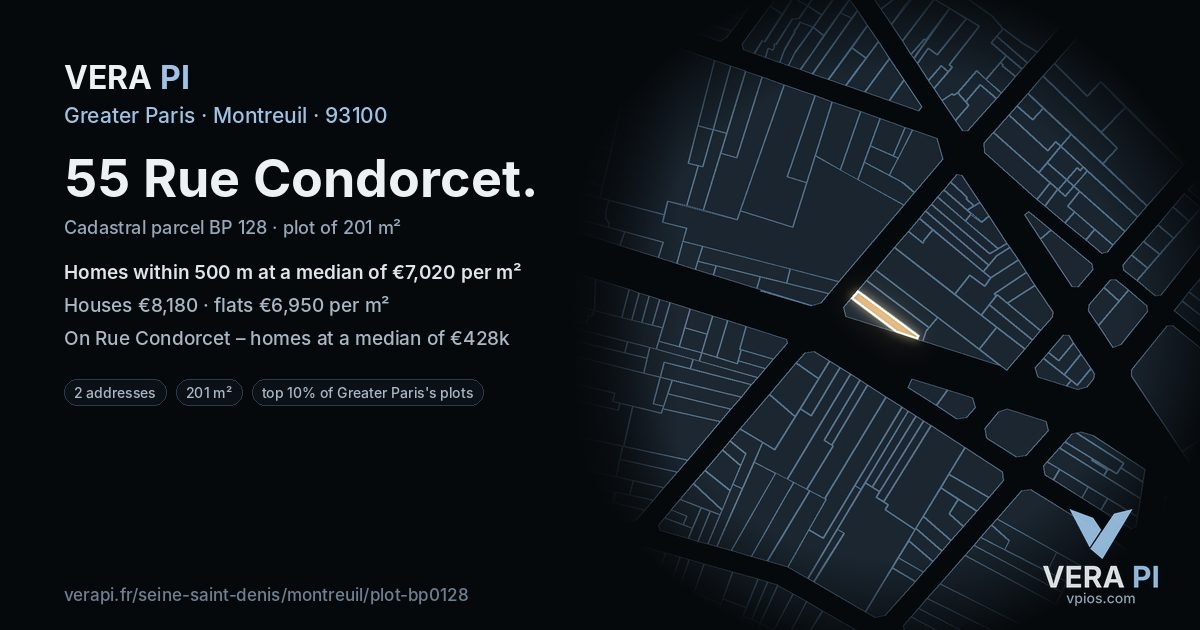 55 Rue Condorcet, Montreuil at night – the plot lit, the parcels around coloured by the prices near them