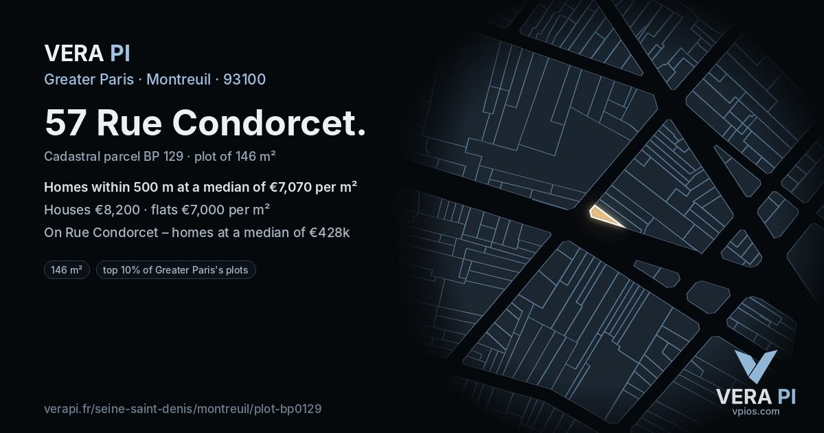 57 Rue Condorcet, Montreuil at night – the plot lit, the parcels around coloured by the prices near them
