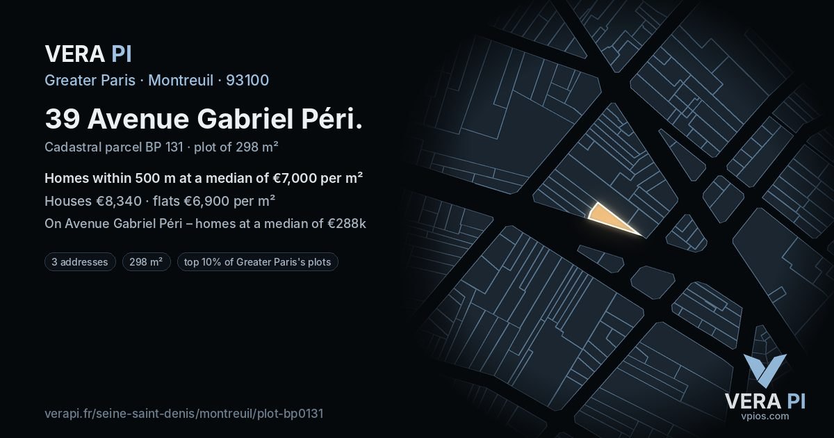 39 Avenue Gabriel Péri, Montreuil at night – the plot lit, the parcels around coloured by the prices near them