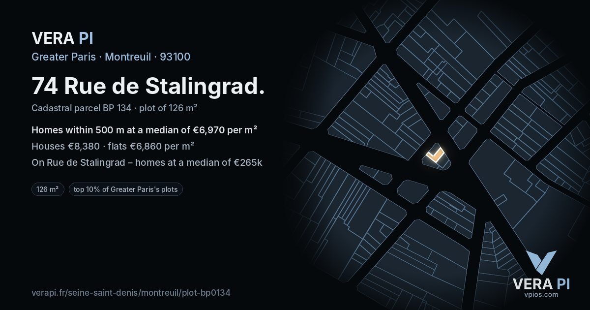74 Rue de Stalingrad, Montreuil at night – the plot lit, the parcels around coloured by the prices near them