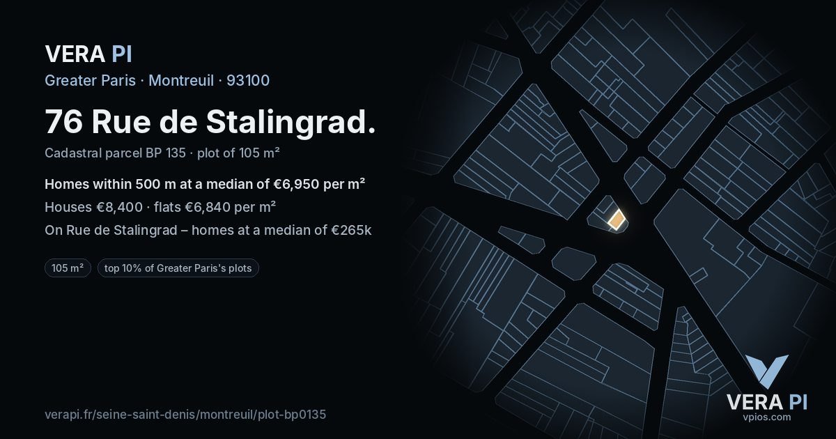 76 Rue de Stalingrad, Montreuil at night – the plot lit, the parcels around coloured by the prices near them