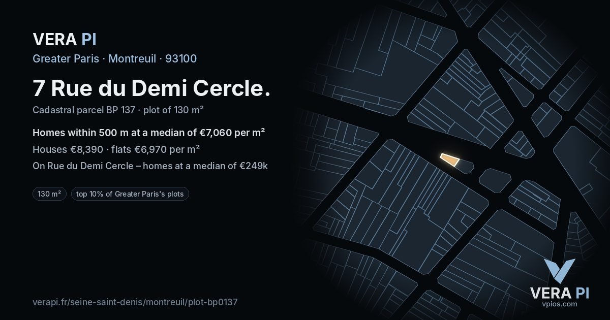 7 Rue du Demi Cercle, Montreuil at night – the plot lit, the parcels around coloured by the prices near them