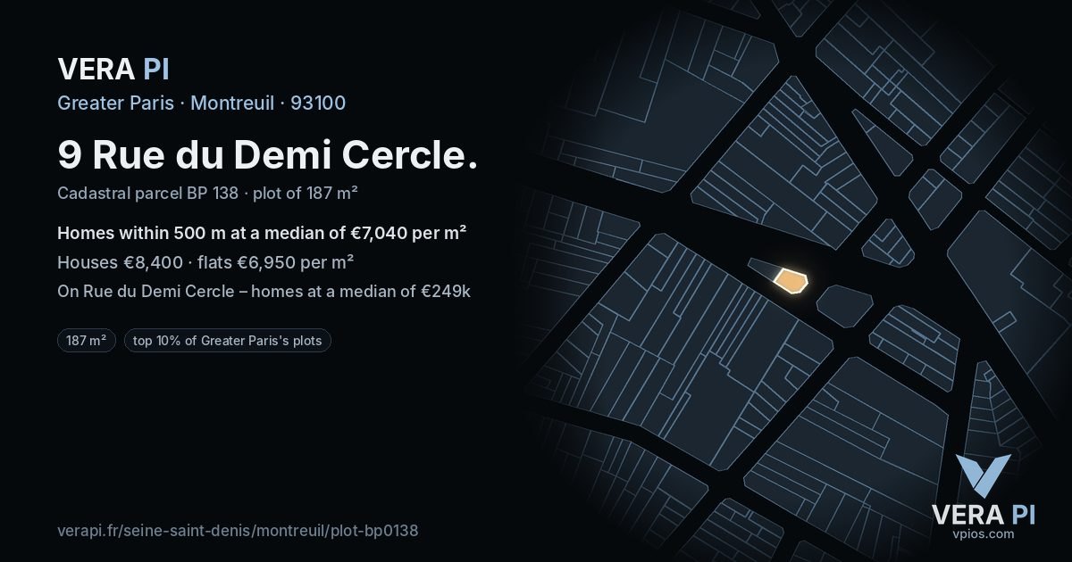 9 Rue du Demi Cercle, Montreuil at night – the plot lit, the parcels around coloured by the prices near them