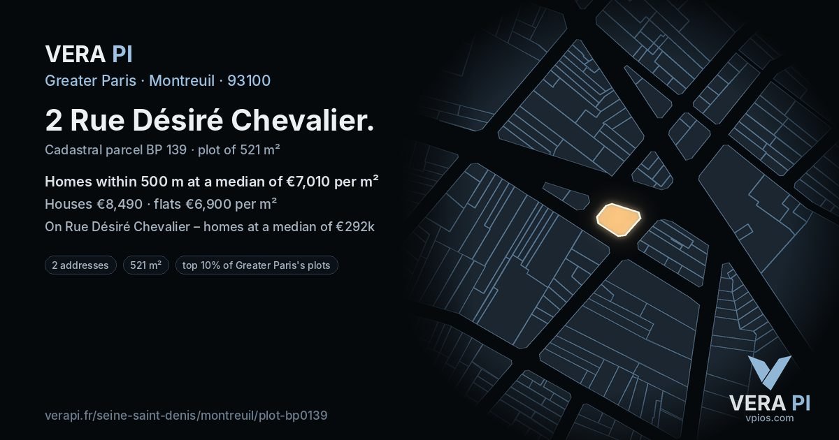 2 Rue Désiré Chevalier, Montreuil at night – the plot lit, the parcels around coloured by the prices near them