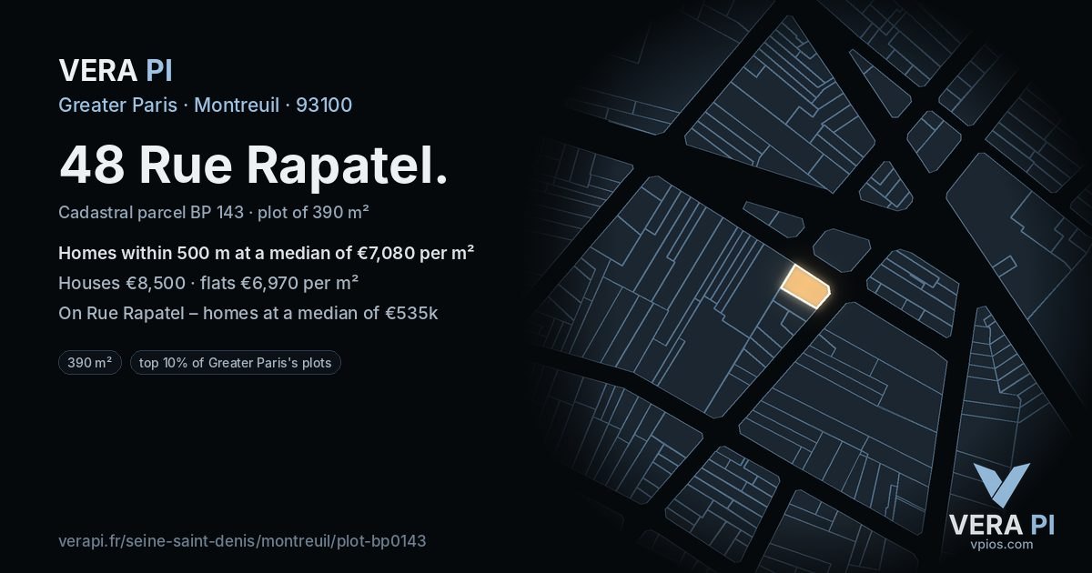 48 Rue Rapatel, Montreuil at night – the plot lit, the parcels around coloured by the prices near them