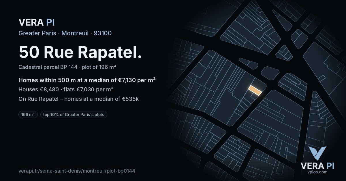 50 Rue Rapatel, Montreuil at night – the plot lit, the parcels around coloured by the prices near them