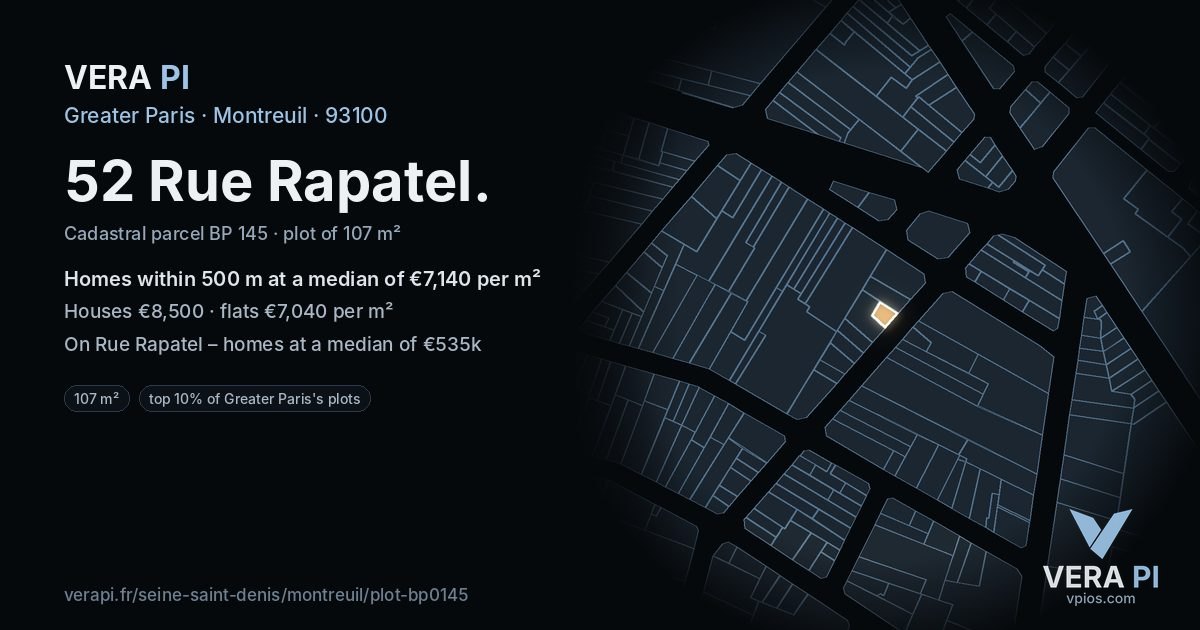 52 Rue Rapatel, Montreuil at night – the plot lit, the parcels around coloured by the prices near them