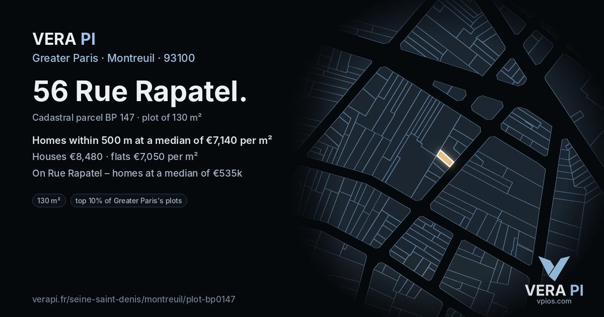 56 Rue Rapatel, Montreuil at night – the plot lit, the parcels around coloured by the prices near them
