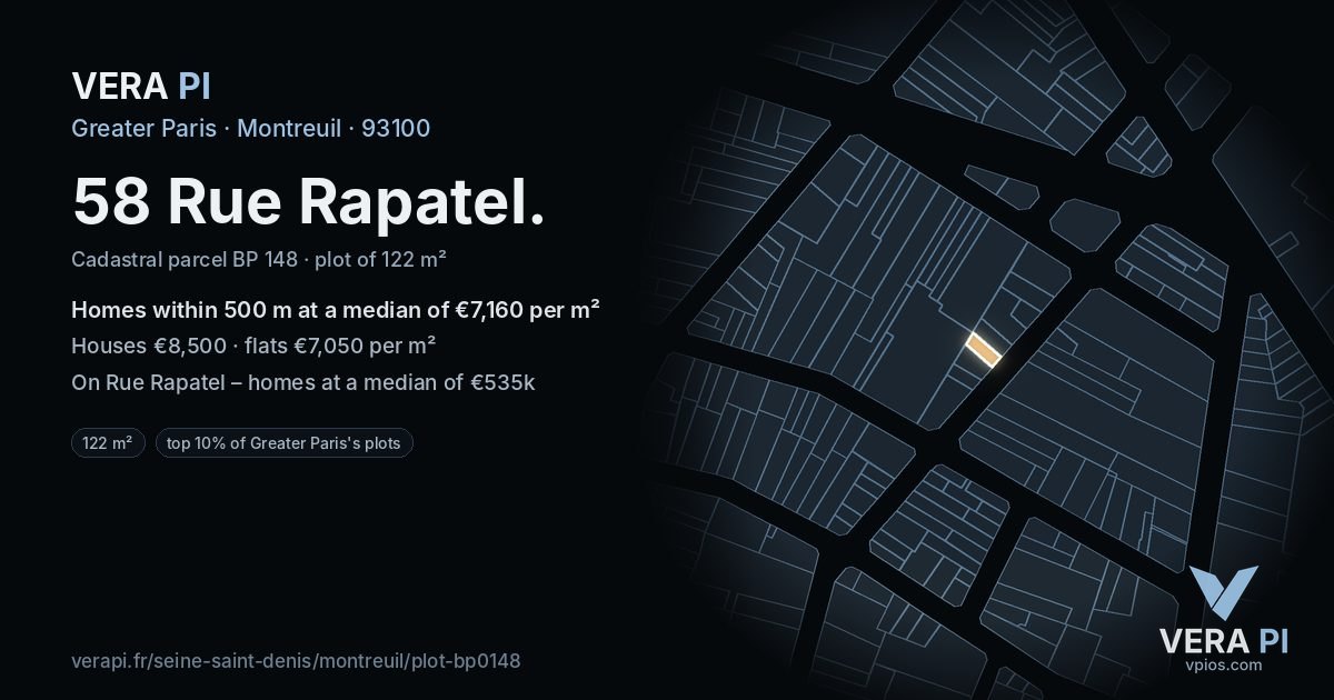58 Rue Rapatel, Montreuil at night – the plot lit, the parcels around coloured by the prices near them