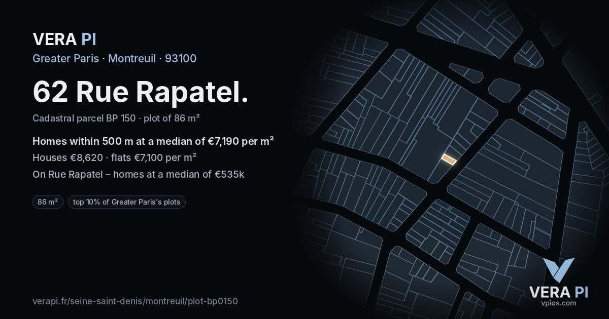 62 Rue Rapatel, Montreuil at night – the plot lit, the parcels around coloured by the prices near them
