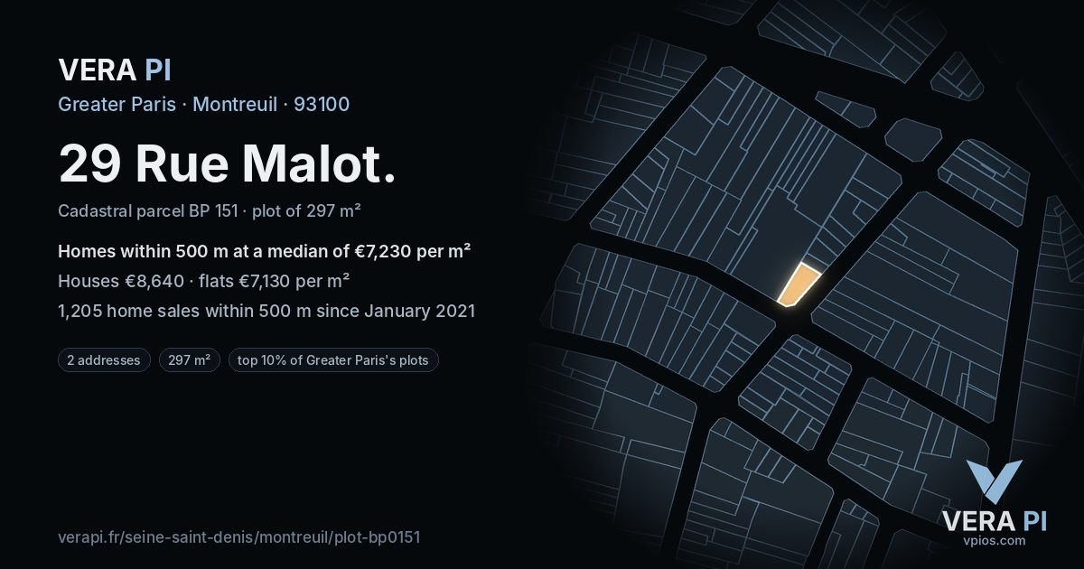 29 Rue Malot, Montreuil at night – the plot lit, the parcels around coloured by the prices near them