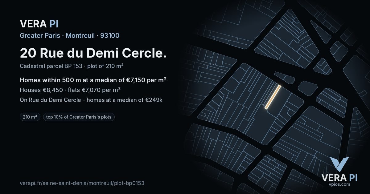 20 Rue du Demi Cercle, Montreuil at night – the plot lit, the parcels around coloured by the prices near them
