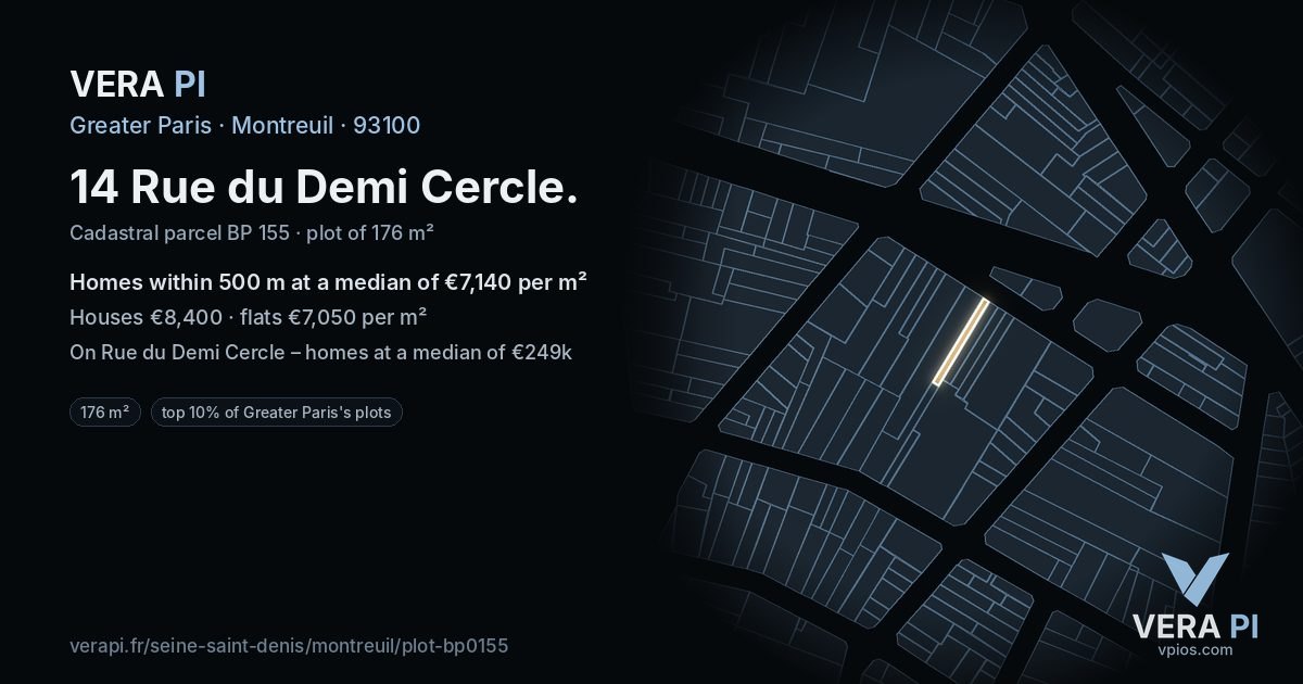 14 Rue du Demi Cercle, Montreuil at night – the plot lit, the parcels around coloured by the prices near them