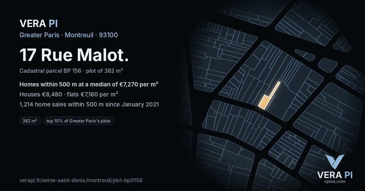 17 Rue Malot, Montreuil at night – the plot lit, the parcels around coloured by the prices near them