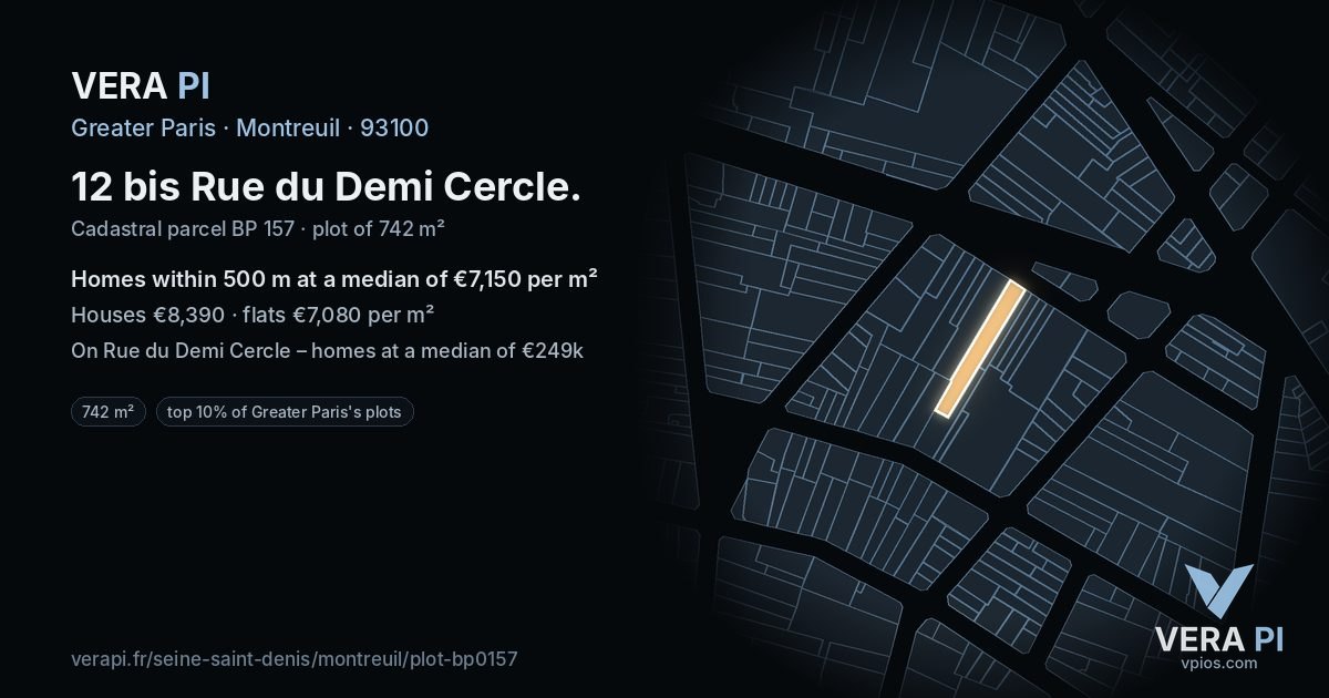 12 bis Rue du Demi Cercle, Montreuil at night – the plot lit, the parcels around coloured by the prices near them