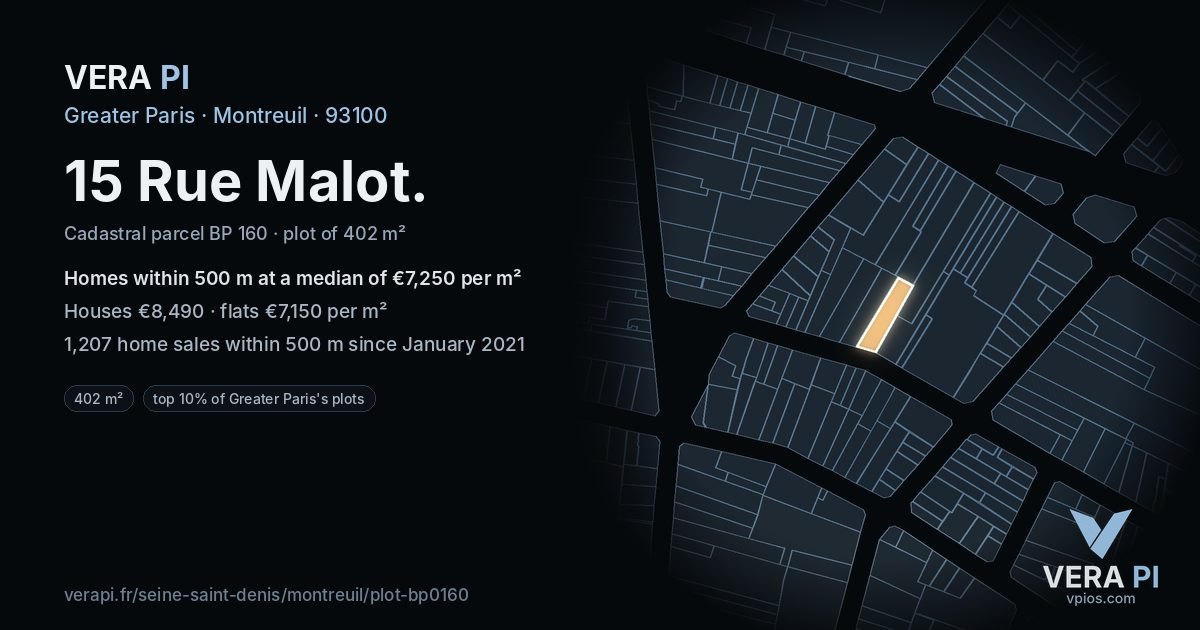 15 Rue Malot, Montreuil at night – the plot lit, the parcels around coloured by the prices near them