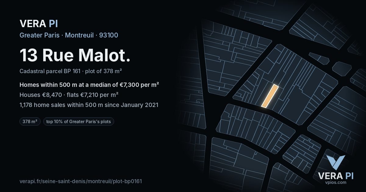 13 Rue Malot, Montreuil at night – the plot lit, the parcels around coloured by the prices near them