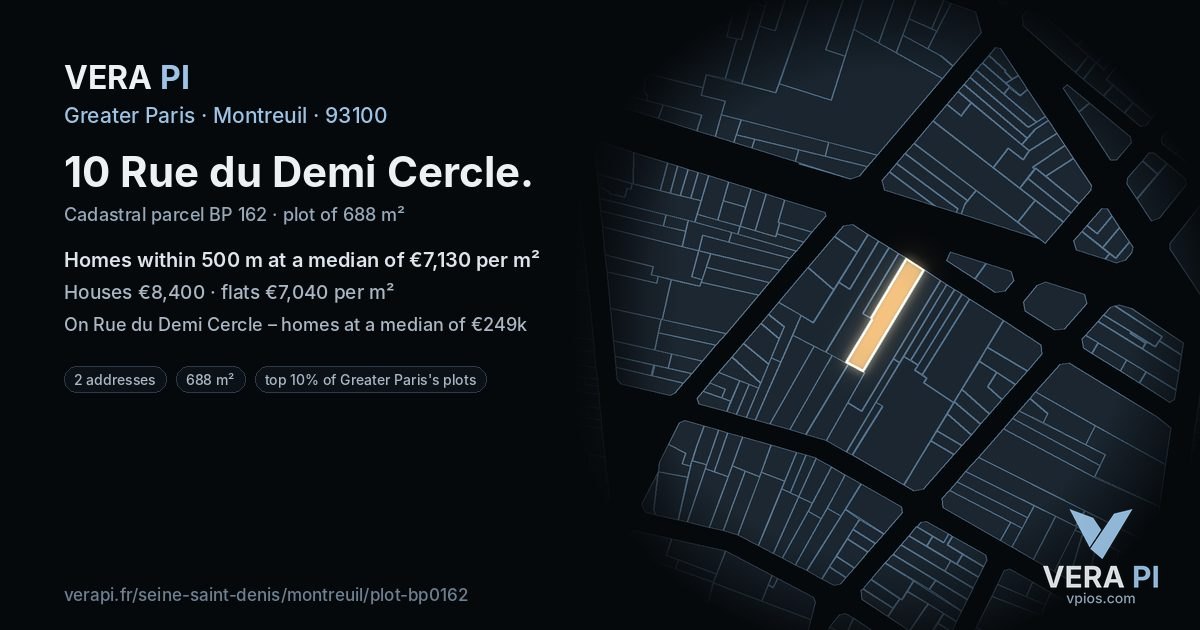 10 Rue du Demi Cercle, Montreuil at night – the plot lit, the parcels around coloured by the prices near them