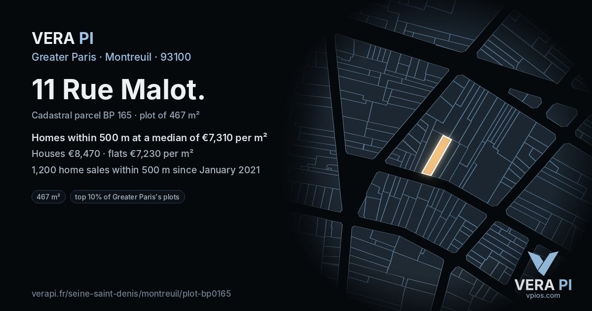 11 Rue Malot, Montreuil at night – the plot lit, the parcels around coloured by the prices near them